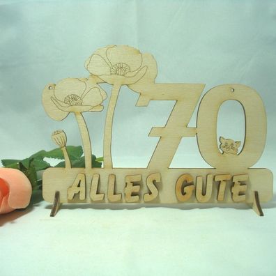 70 Zahl mit Mohnblume und Katze "Alles Gute" Geburtstag Geschenkidee aus Holz