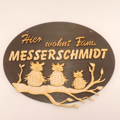 Türschild Eule auf Ast Oval Namensschild Familienschild Wuschel Eulen Holz
