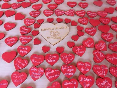1 graviertes Holzherz mit 50 kleinen roten Herzen zum Beschreiben Hochzeitsspiel