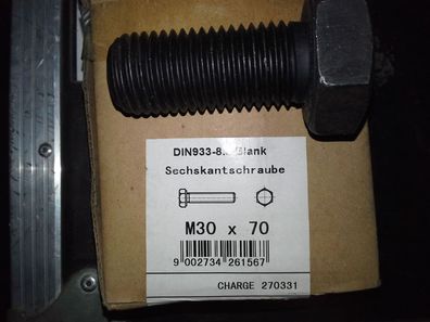DIN 933 Sechskantschraube mit vollgewinde M30x70 Stahl 8.8 , Blank 1 Stk