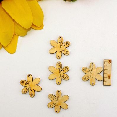 5 Blumen mit Ornament Holz Hänger 3cm 2 Löcher Karten Basteln Streudeko Frühling