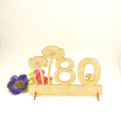 80 Zahl mit Mohnblume und Hund "Alles Gute" Geburtstag Geschenkidee aus Holz