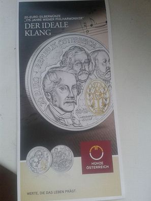Folder 20 euro 2017 Silber Österreich 175 Jahre Wiener Philharmoniker