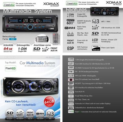 Autoradio XOMAX USB + SD MP3 4x60W RDS Fernbedienung AM/ FM 1DIN. NEU und in der OVP