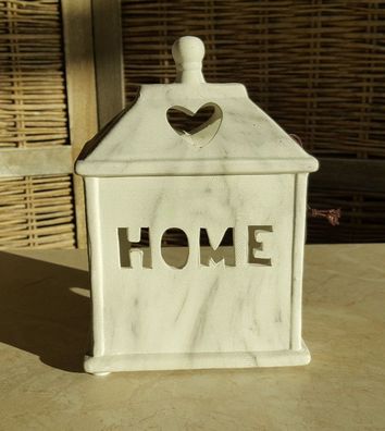 Marmor Laterne Windlicht Teelicht Haus "Home" 13x8,5x17,5 cm weiß