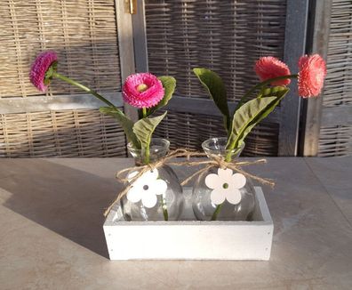 Frühling Deko Holz Box mit 2 Glasvasen / Flaschen Tischdeko Tablett Schale