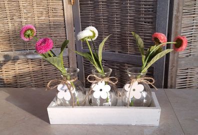 Frühling Deko Holz Box mit 3 Glasvasen / Flaschen Tischdeko Tablett Schale