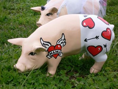 Schwein Tattoo FÜR MAMA hand bemalt L30cm Designer Schwein Muttertag Herz Garten