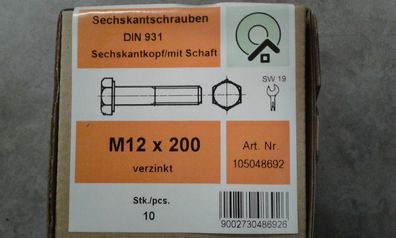 DIN 931 Sechskant-Schaftschraube M12x200 Stahl 8.8 galv. verzinkt 2 Stk