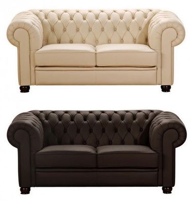 Sofa Couch 2 Sitzer braun beige in Leder oder Kunstleder Knopfheftung klassisch