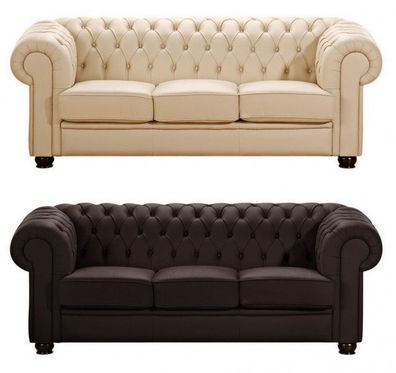 Sofa Couch 3-sitzig braun beige in Leder oder Kunstleder Knopfheftung klassisch