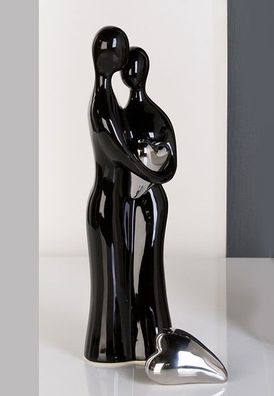 Skulptur PAAR MIT HERZ H39cm schwarz silber Liebespaar Hochzeit Liebe Keramik