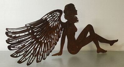 Engelfrau sitzend 3D Doppelflügel 80cm Rost Edelrost Weihnachtsengel Elfe Engel
