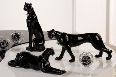 3er Set Leopard Schwarz mit Halsband Porzellan Skulptur Panther Gepard Figur