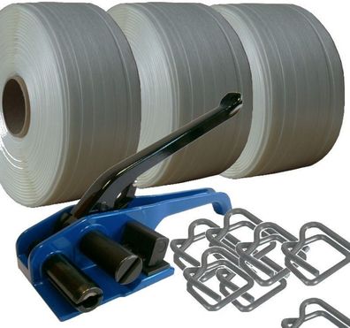 Angebot: 25mm Umreifungsset mit 3 x Textilband gewebt + KLammern + Bandspanner