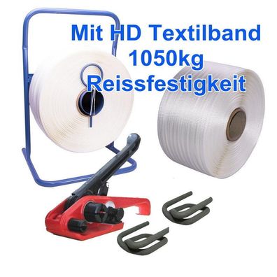 Starkes 19mm Umreifungsset inkl. 2 x 19mm HD Textilband + Abroller + Bandspanner