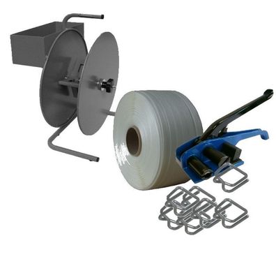Profi-Set: 19mm Umreifungs Set Textilband mit Abroller + Bandspanner + Klammern