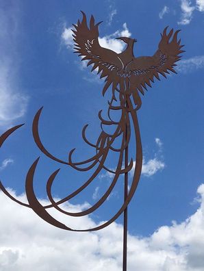 PHÖNIX Vogel 48x115cm Gartenstecker Rost Edelrost Metall Figur Phoenix Feuervogel
