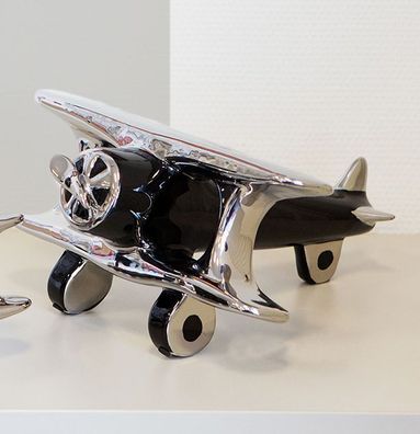 Skulptur Flugzeug Doppeldecker 20cm schwarz / silber Flieger Keramik Dekoration