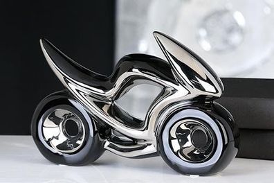 Skulptur Motorrad RACE 23cm schwarz silber Keramik Bike Chopper Dekoration