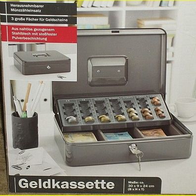 Metall Geldkassette mit 2 Schlüsseln und Münzzähleinsatz 30 x 9 x 24 cm