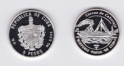 5 Pesos Silber Münze Kuba Kubanische Postgeschichte Dampfer 1993 (118531)