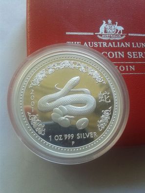 1$ 2001 PP (proof) Silber Australien Lunar Schlange 1 Unze 31,1g Silber in Schatulle