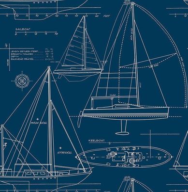 Tapete, Designtapete, maritim, Zeichnung, Segelboot, Nachtblau, Offwhite, matt