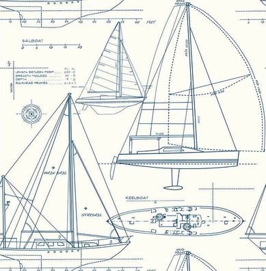 Tapete, Designtapete, maritim, Zeichnung, Segelboot, Nachtblau, Champagner, matt