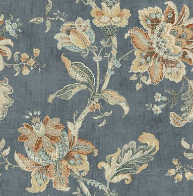 Tapete, Designtapete, floral, Blau, Ocker, Mango, Tanne, Braun, Schimmer