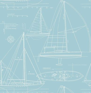 Tapete, Designtapete, maritim, Zeichnung, Segelboot, Hellblau, Eierschale, matt