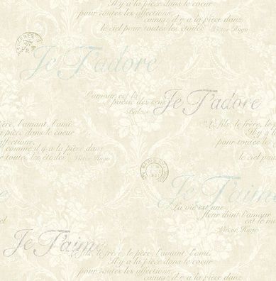Tapete, Designtapete, antik, Floral, Creme, Sahne, Ornamente, Gold, Schrift