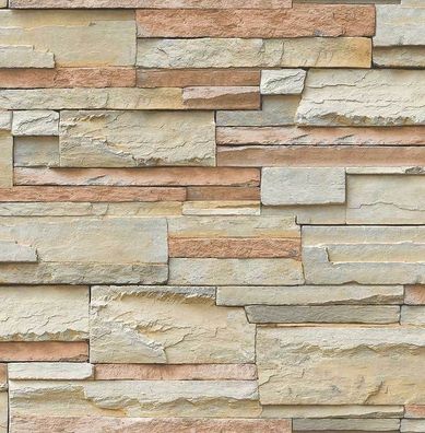 Tapete, Designtapete, 3D, Steinmauerprint, Süden, Kamin, Creme, Sand, Braun