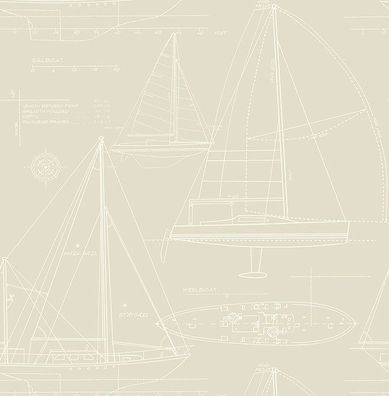 Tapete, Designtapete, maritim, Zeichnung, Segelboot, Sand-Beige-Eierschale, matt