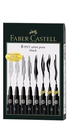 Faber Tuschestift PITT ARTIST PEN, 8er Etui, Farbe schwarz + A4 Spiral-Skizzenblock