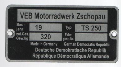 Typenschild MZ TS 250 Alu Blanko, Neu, DDR Motorrad Klassiker