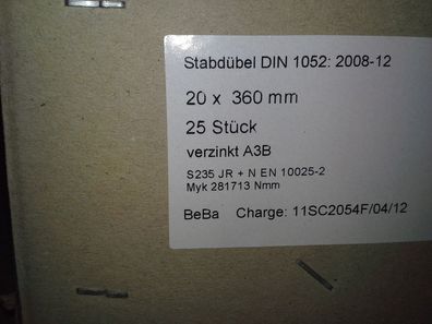 Stabdübel 20x360 DIN 1052 verzinkt A3B beidseitig angefast 1 Stk