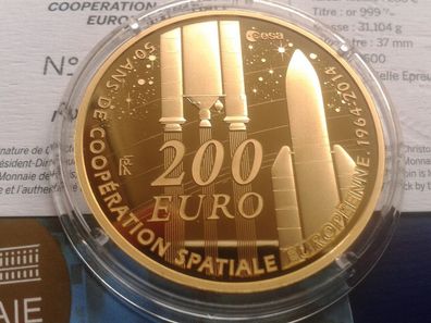 Original 200 euro 2014 PP 1 Unze 31,1g Gold Frankreich ESA Raumfahrt - nur 198 Ex