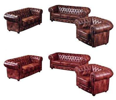 Garnitur 3-tlg Sessel Sofa Leder Wischleder vintage rot braun klassisch englisch