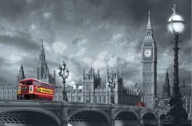Fototapete RED BUS ON Westminster BRIDGE 175x115 London Big Ben Themse rot s-w