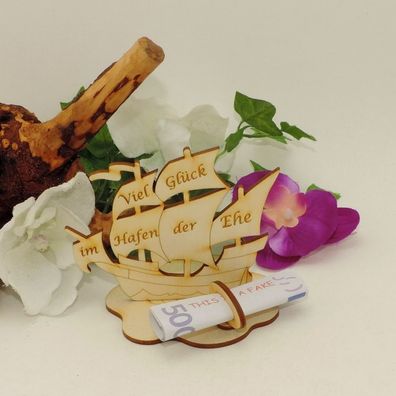 Geschenk zur Hochzeit, Geldscheinhalter Segelschiff graviert Holz 10cm