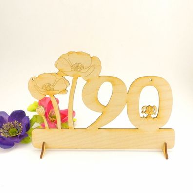 90 Zahl mit Mohnblume und Hund "Alles Gute" Geburtstag Geschenkidee aus Holz