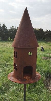 Vogelhaus Futterhaus zum Beleuchten H45cm + Stab Gartenstecker Edelrost Deko
