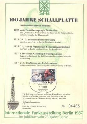 Gedenkkarte 100 J Schallplatte, Berlin Mi 787