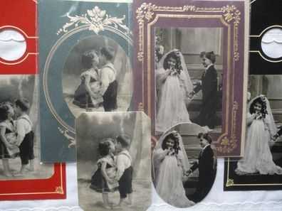 Grußkarte Sticker Topper Geschenkanhänger - Kinder : erster Kuss Hochzeit - Nostalgie