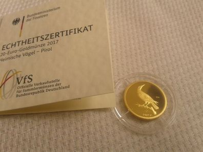 Original 20 euro 2017 Pirol 1/8 Unze Gold Deutschland A (Berlin) Heimische Vögel