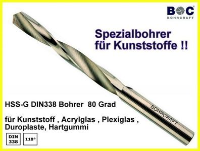 HSS DIN 338-G 80 Grad Spiralbohrer für Kunststoffe Acrylglas Plexiglas 2-10 mm
