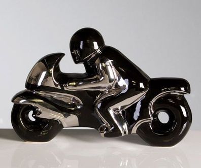 Skulptur Motorrad 37cm Chopper schwarz silber Keramik Bike Dekoration