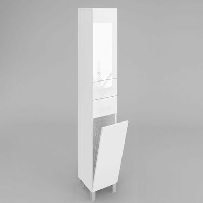 Badezimmerschrank mit Wäschekorb SW15 188x40 cm Weiß Hochglanz / Matt