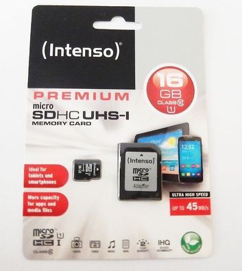 Intenso 16GB Premium micro SDHC UHS-1 Class 10 inkl. SD- Adapter